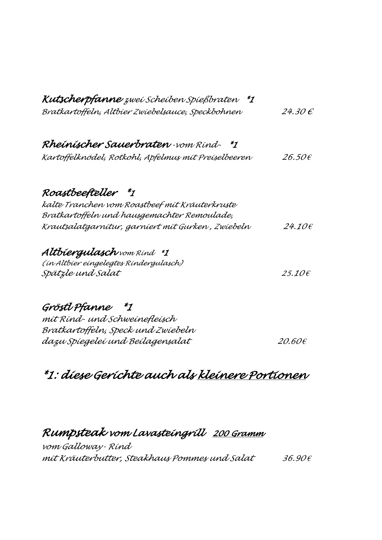 Original-Speisekarte Seite 3 mit Kutscherpfanne, Sauerbraten, Roastbeef, Altbiergulasch, Gröstl-Pfanne und Rumpsteak samt Preisen